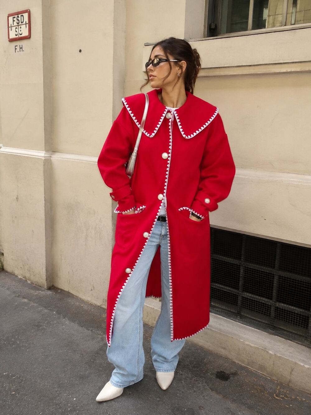 Y2K Red Long Coat Oversized Peter Pan Collar White Trim Statement Size S/XS